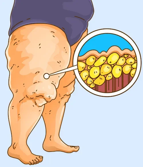 Ilustração de pernas com lipedema e detalhe do acúmulo de gordura sob a pele